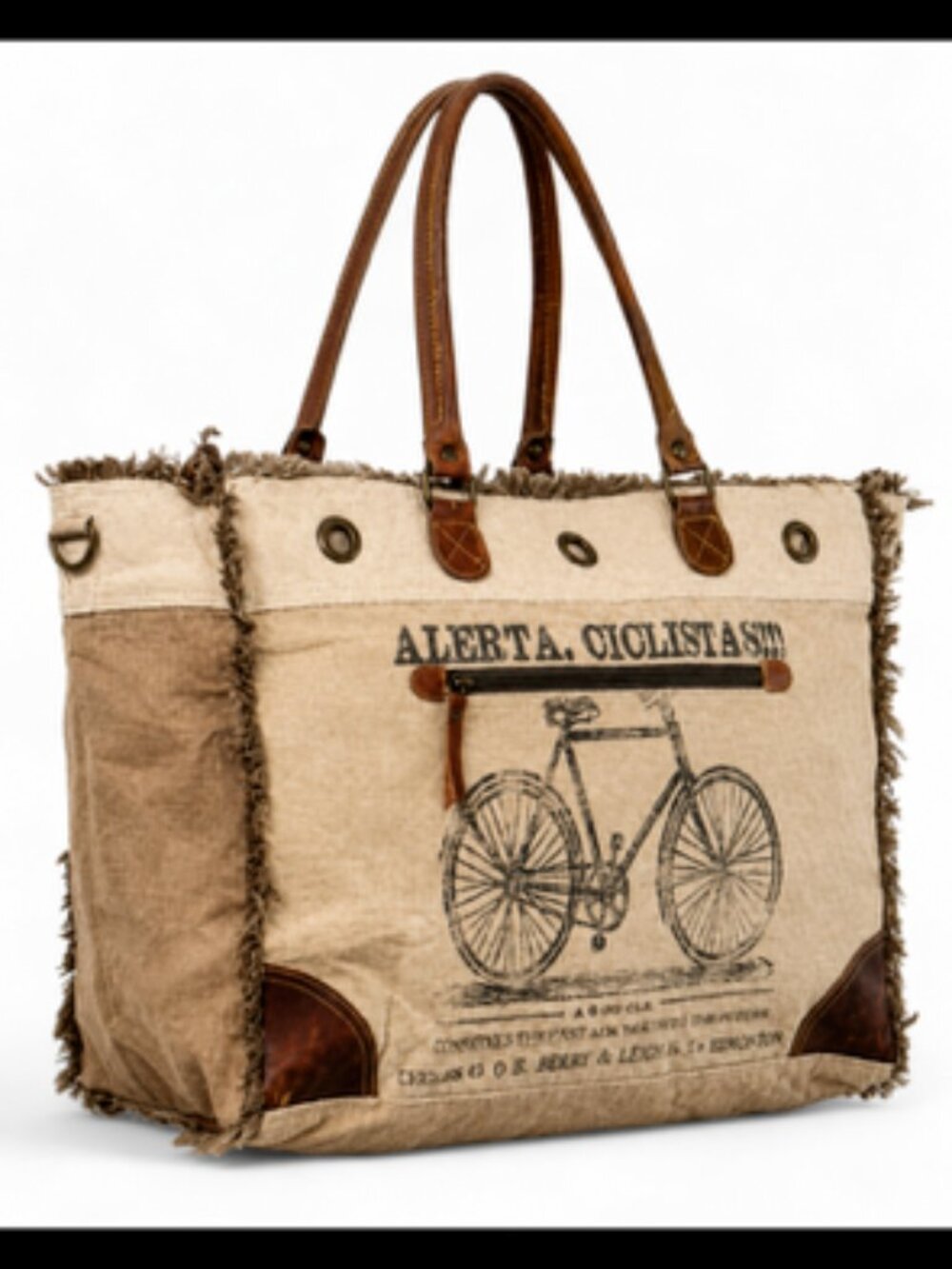 KB OHLAY Genuine Leather Upcycled Canvas Bicycle Tote Bag NWT